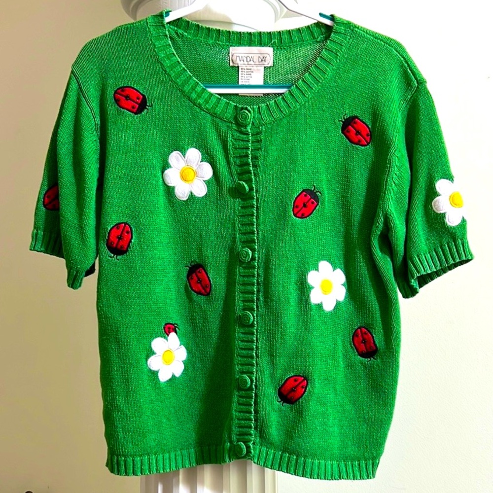 Vintage Mandal Bay Short Sleeve Knit Ladybug &
Daisy Cardigan Sweater